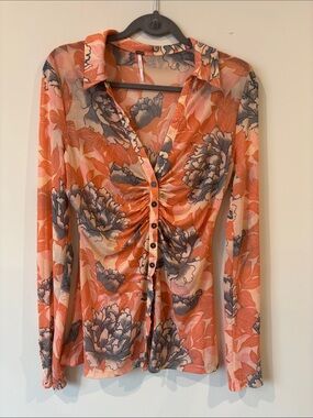 Free People Coral and Gray Floral Ruched Button-Front Blouse
